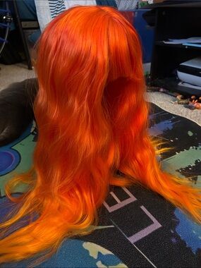Vivid Orange Long Wavy Synthetic Wig with Bangs - Unbranded